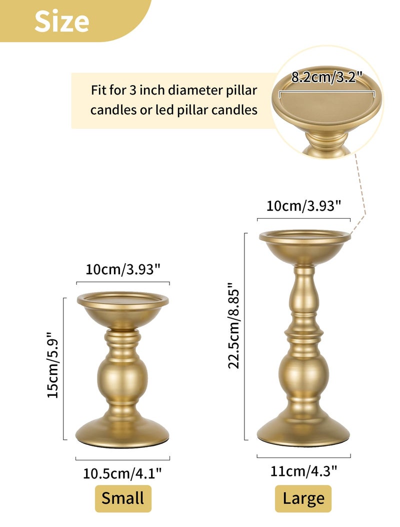 NUPTIO 2 Pcs Gold Pillar Candle Holders, Gold Candlestick Most Ideal for 3" Pillar Candles, Gifts for Wedding, Party, Home, Spa, Reiki, Votive Candle (S + L) - Image 5